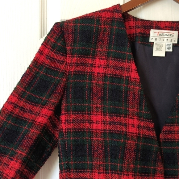 Talbots 80's Vintage Preppy Plaid Wool Blend Tweed Collarless Blazer Jacket 4P - Picture 3 of 11